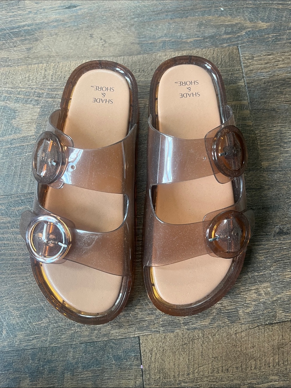 Shade & Shore Translucent Brown Jelly Double-Buckle Slide Sandals